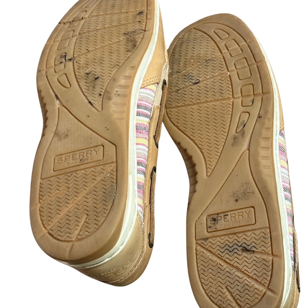 Sperry Tan Leather Boat Shoes Women’s 7.5 | Pink Stripe Memory Foam - Picture 2 of 6